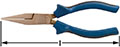 A pair of blue-handled flat nose pliers, lying horizontally, with grips at the beginning of the handle near the pliers head.  A double-headed arrow beneath, indicating measurement length from tip to handle end.